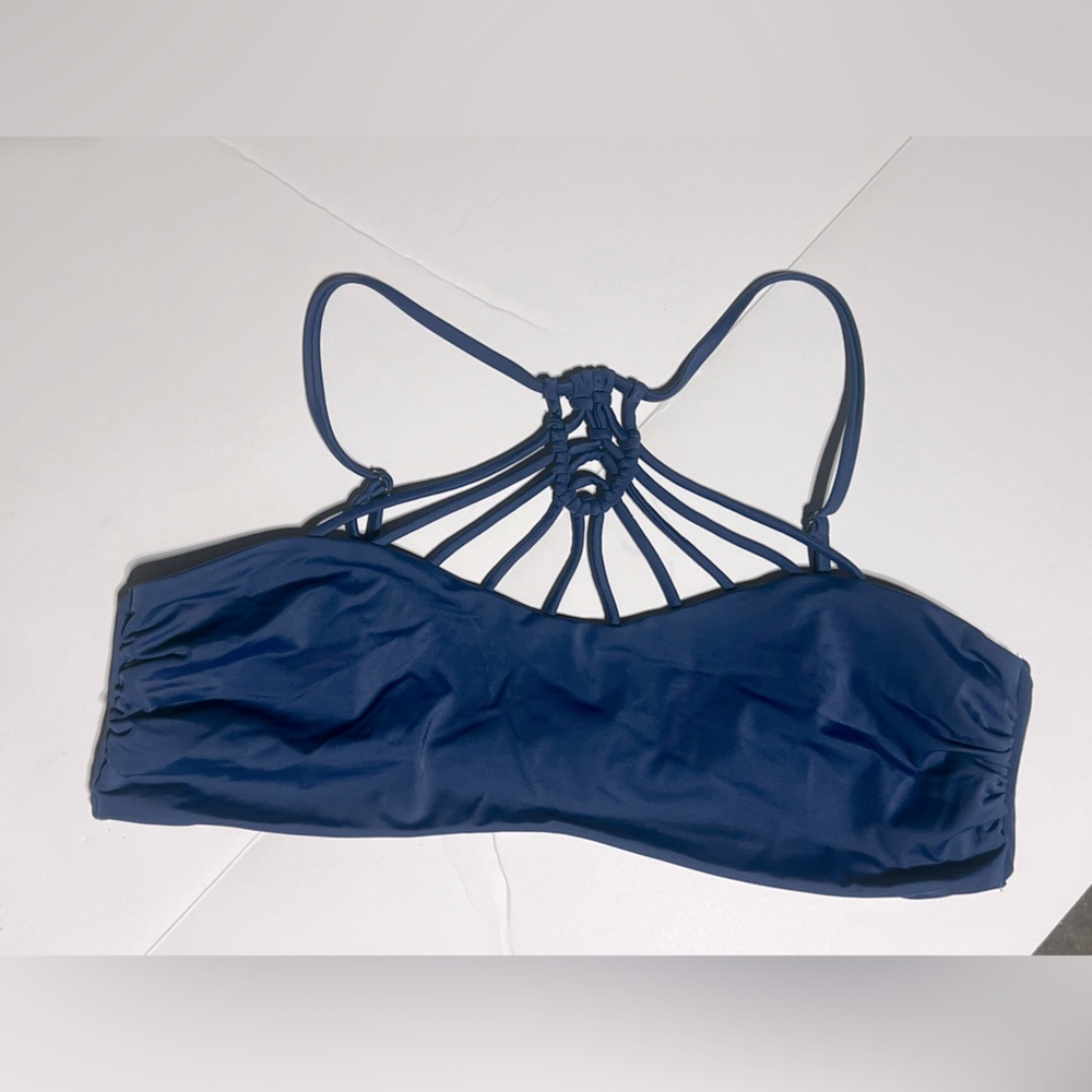 Tori Praver Seafoam Halter Bandeau Macrame Blue Swim Bikini Top XL